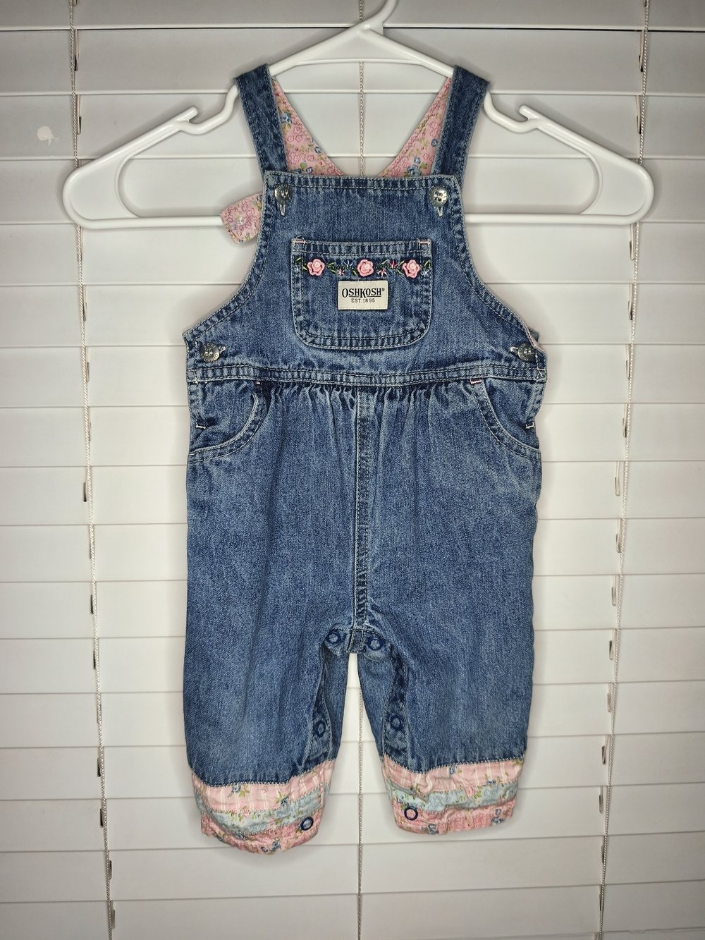 VTG OshKosh B'gosh Girls Denim Overalls Pink Floral Lining Embroidered 6-9 mos
